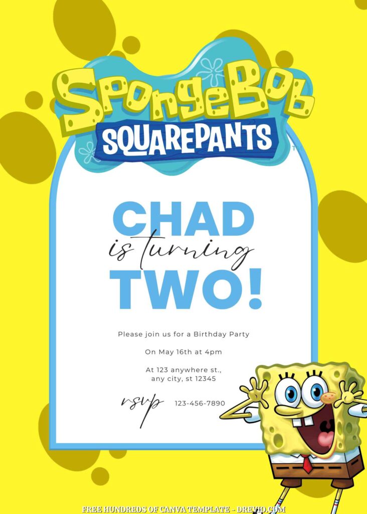 Free SpongeBob Squarepants Birthday Invitations with Yellow Background