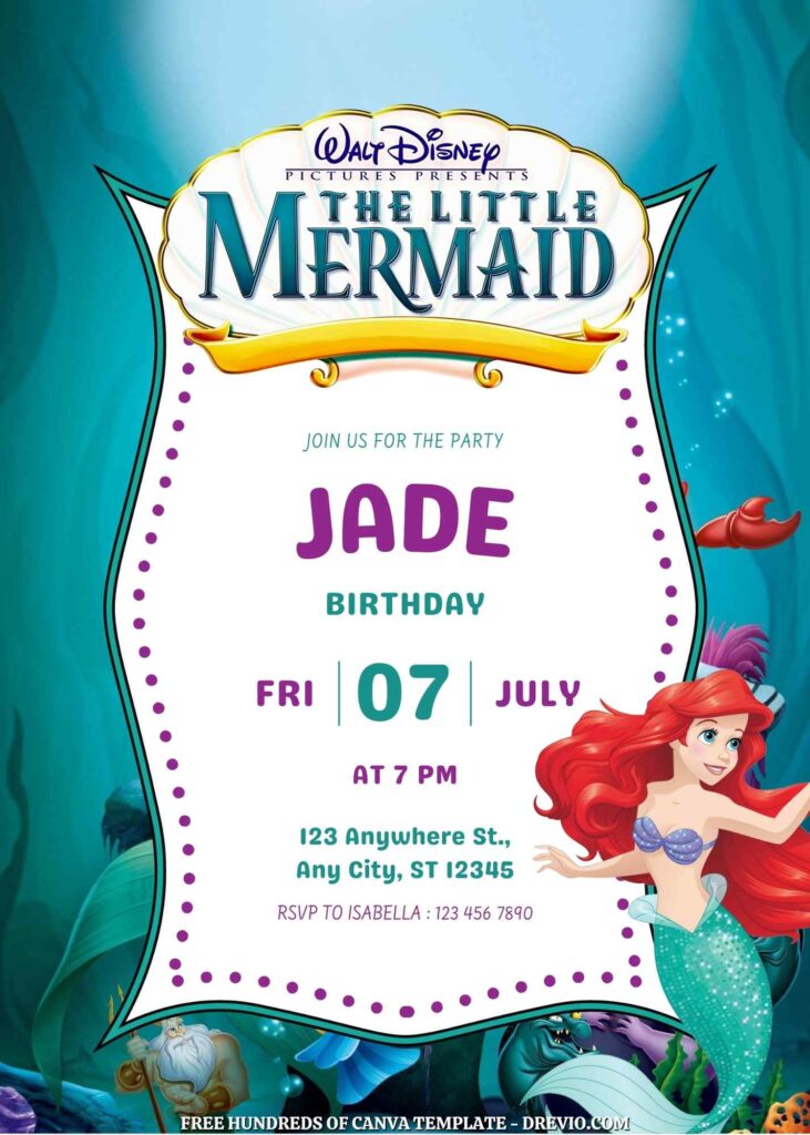 Little Mermaid Birthday invitations with Undersea in the Background