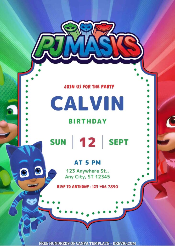 Free PJ Masks Birthday Invitations with Group in the Background