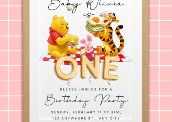 10+ Picnic Rush With Winnie The Pooh Canva Birthday Invitation Templates with gingham background