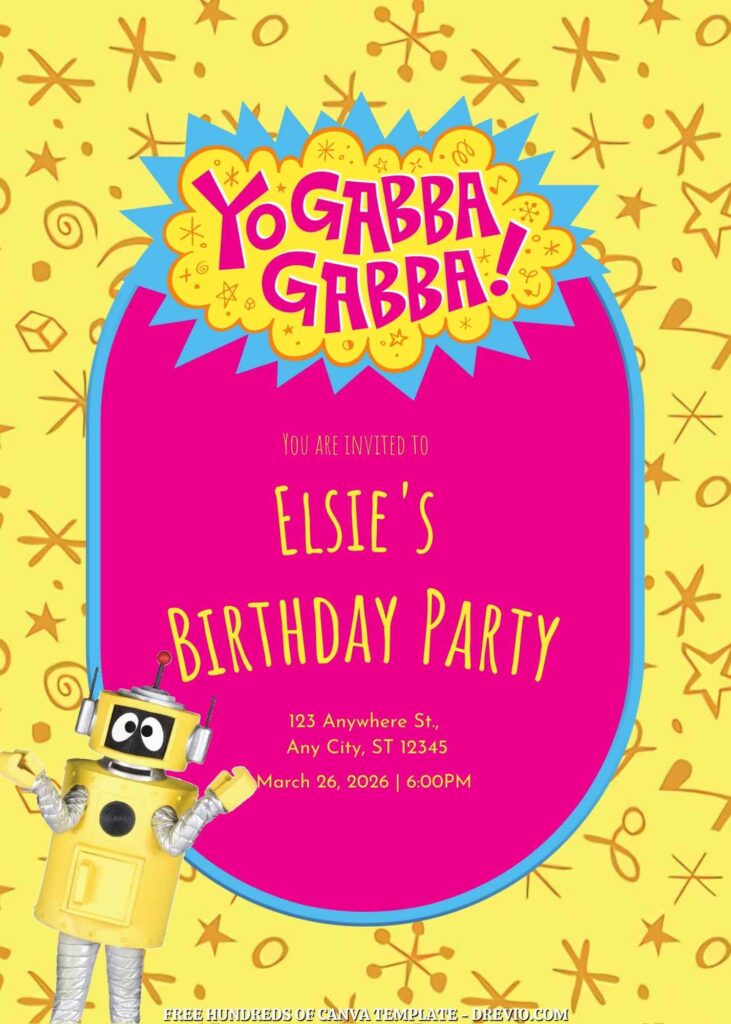 Free Yo Gabba Gabba Birthday Invitations with Yellow Pattern in the Background