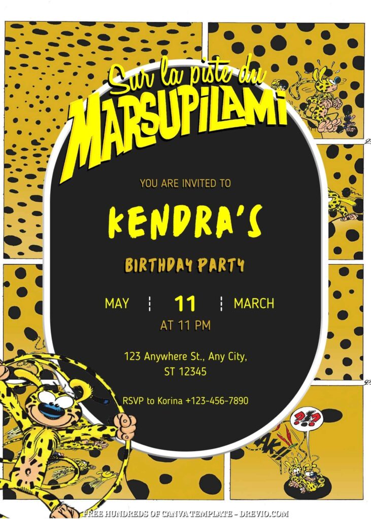 Free Marsupilami Birthday Invitations with Yellow Black Pattern in the Background
