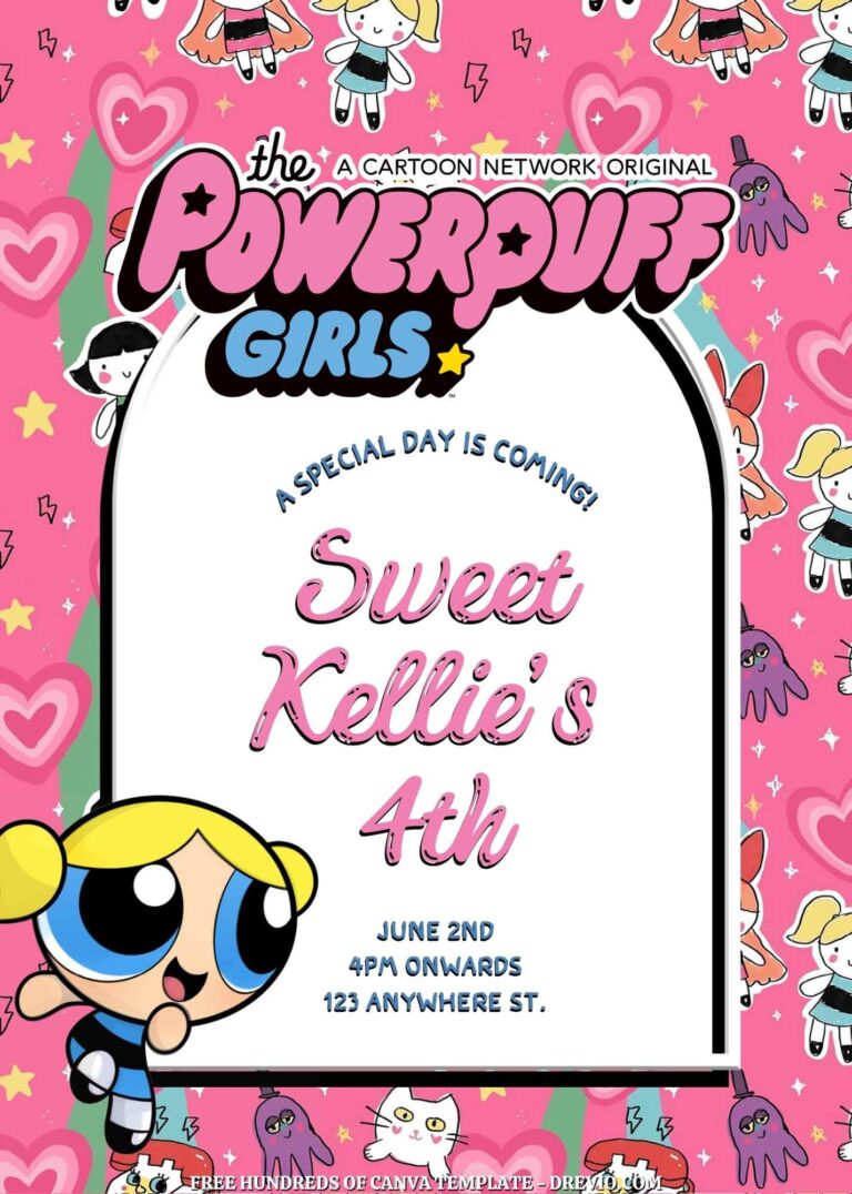 Free Powerpuff Girls Birthday Invitations with Group in the Pink Background