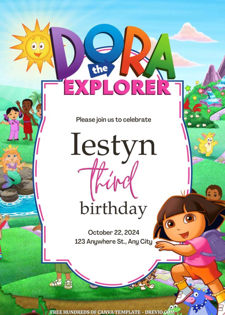 Free Dora the Explorer Birthday Invitations with Group in the Background