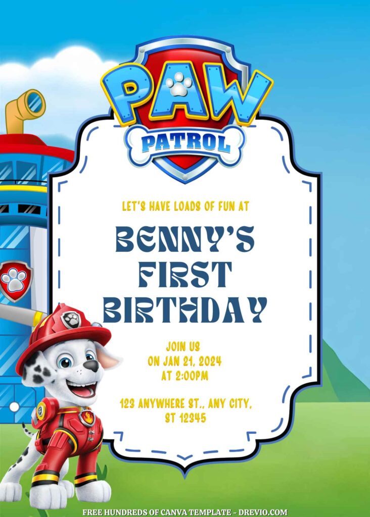 Free Paw Patrol Birthday Invitations with Blue Background