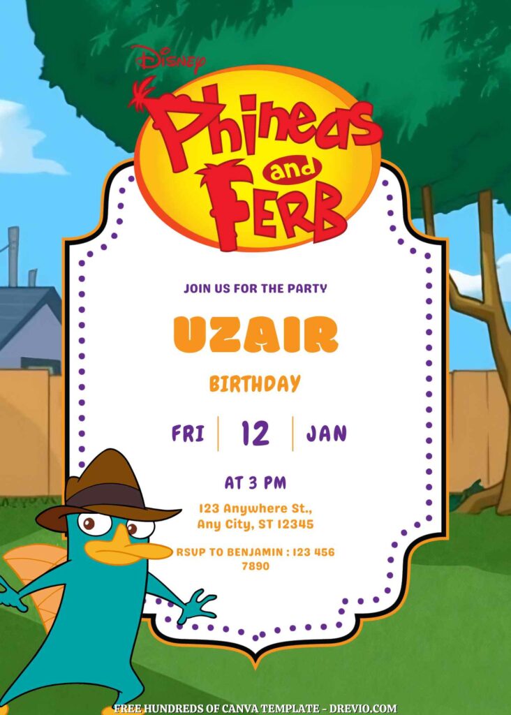 Free Phineas and Ferb Birthday Invitations with Scenery in the Background