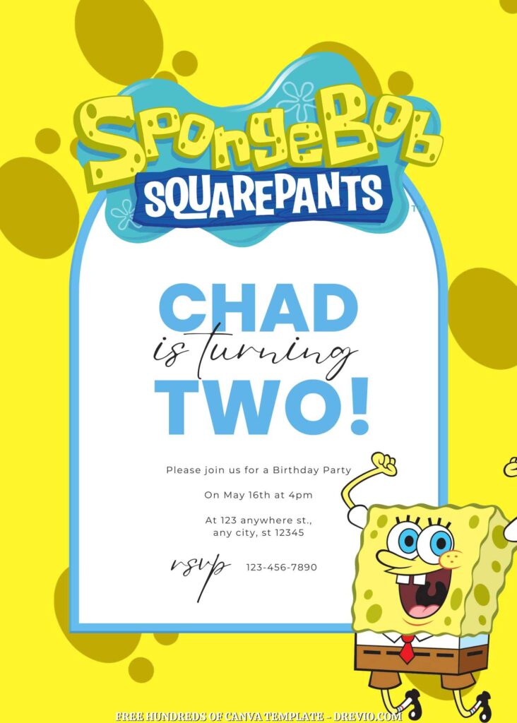 Free SpongeBob Squarepants Birthday Invitations with Yellow Background