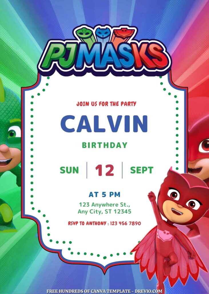 Free PJ Masks Birthday Invitations with Group in the Background