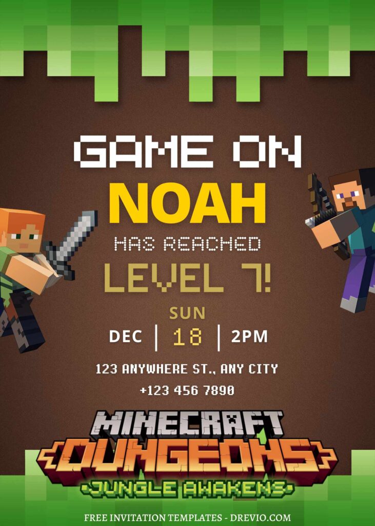 FREE EDITABLE - 11+ Awesome Minecraft Canva Birthday Invitation Templates with retro font
