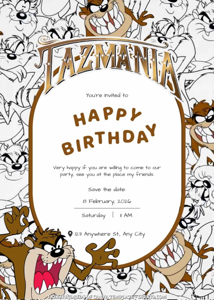 Free Taz-Mania Birthday Invitations with Black and White Background