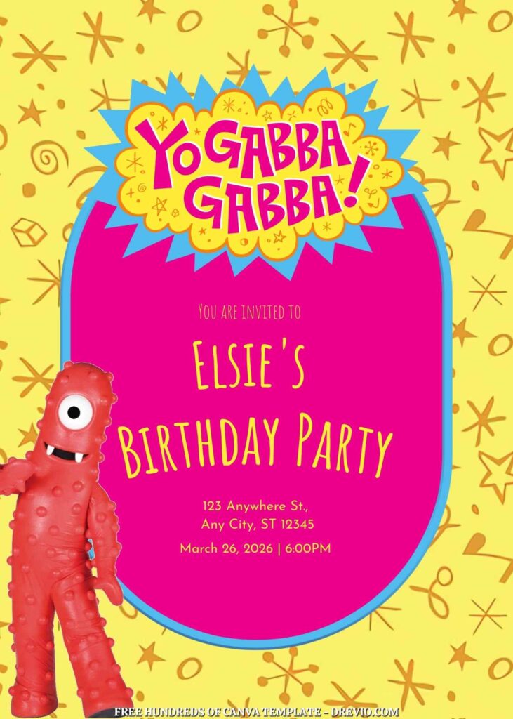 Free Yo Gabba Gabba Birthday Invitations with Yellow Pattern in the Background