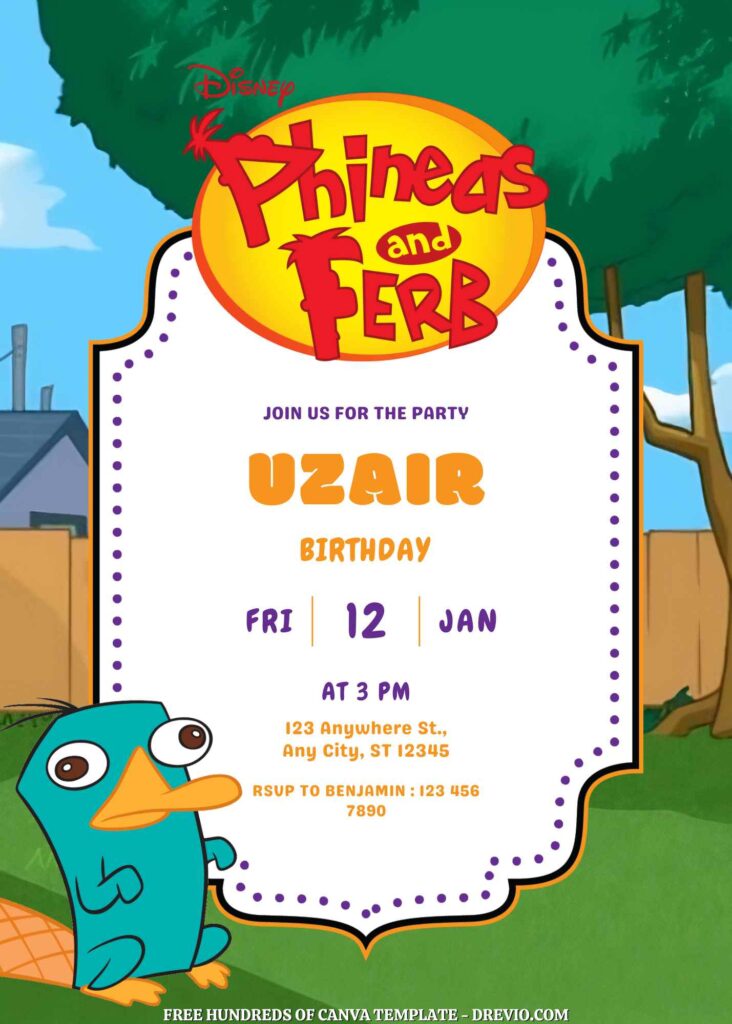 Free Phineas and Ferb Birthday Invitations with Scenery in the Background