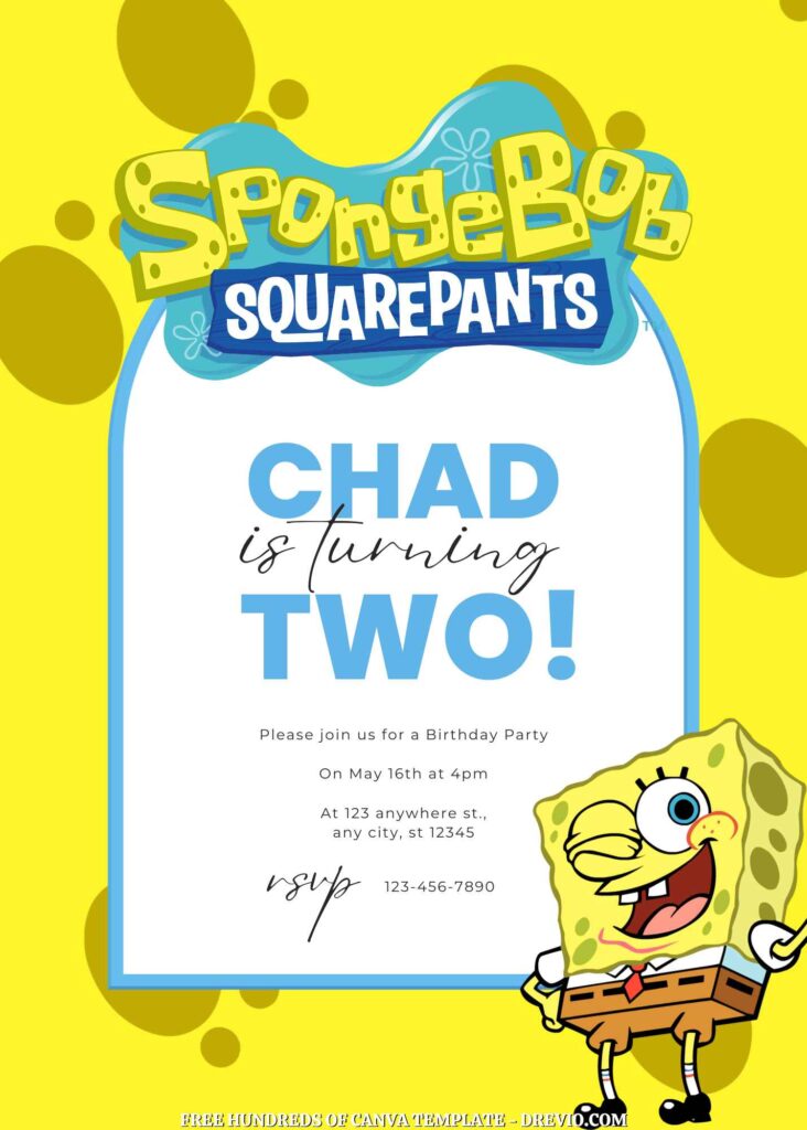 Free SpongeBob Squarepants Birthday Invitations with Yellow Background