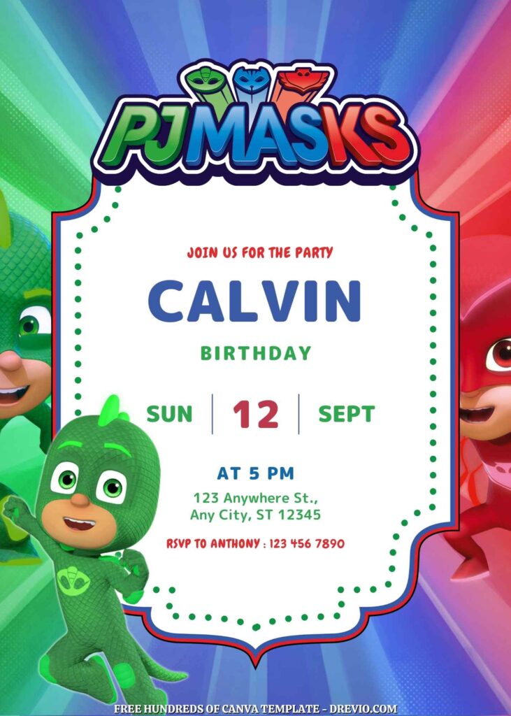 Free PJ Masks Birthday Invitations with Group in the Background