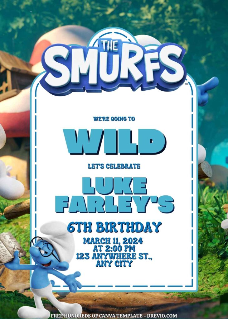 Free Smurfs Birthday Invitations with Grup in the Background