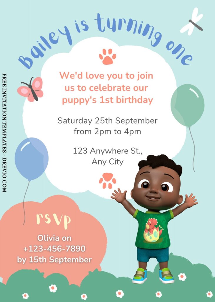 FREE EDITABLE - 9 Cute Cocomelon Canva Birthday Invitation Templates with Cody