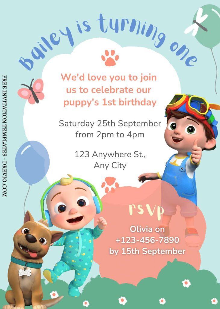 FREE EDITABLE - 9 Cute Cocomelon Canva Birthday Invitation Templates with TomTom