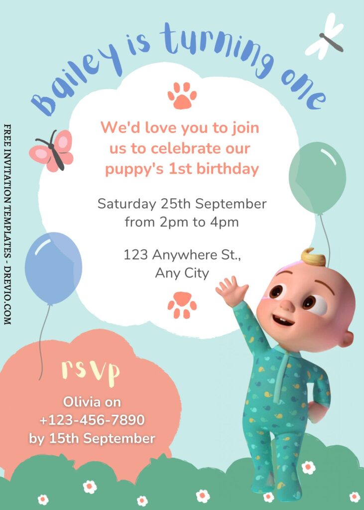 FREE EDITABLE - 9 Cute Cocomelon Canva Birthday Invitation Templates with cute text