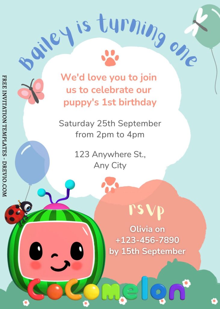 FREE EDITABLE - 9 Cute Cocomelon Canva Birthday Invitation Templates with editable text