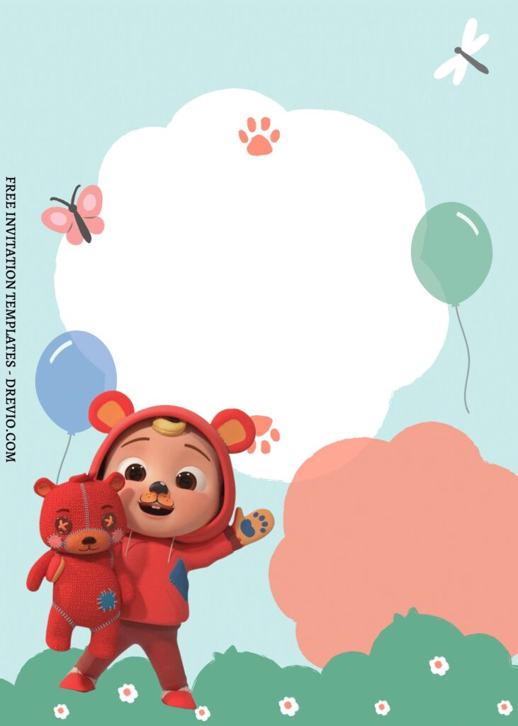 FREE EDITABLE - 9 Cute Cocomelon Canva Birthday Invitation Templates with cartoon hand drawn balloons