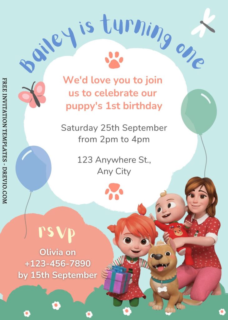 FREE EDITABLE - 9 Cute Cocomelon Canva Birthday Invitation Templates with Mommy