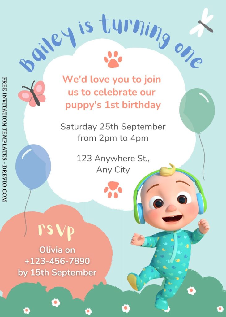 FREE EDITABLE - 9 Cute Cocomelon Canva Birthday Invitation Templates with cute JJ