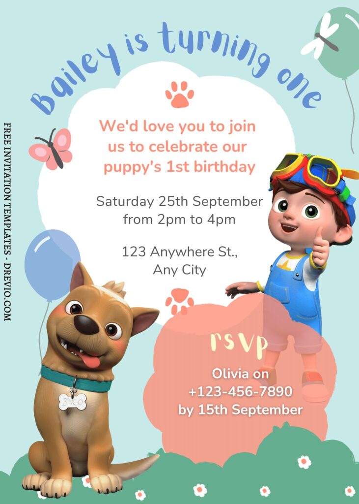 FREE EDITABLE - 9 Cute Cocomelon Canva Birthday Invitation Templates with adorable TomTom and Bingo