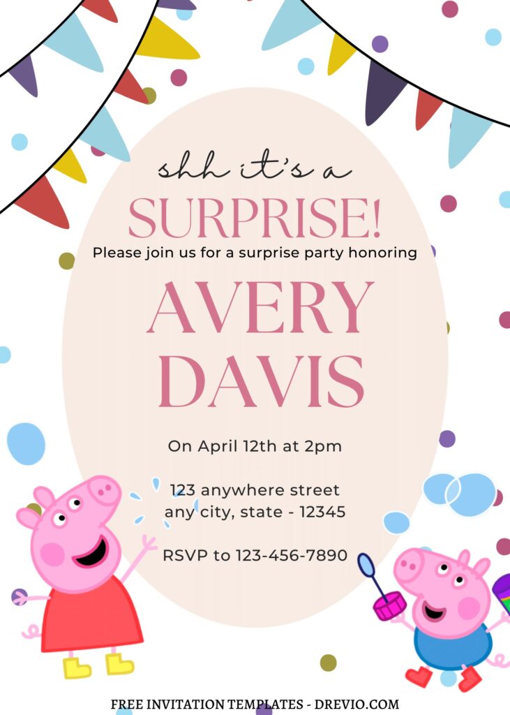 9+ Colorful Peppa Pig Fiesta Canva Birthday Invitation Templates with colorful dots