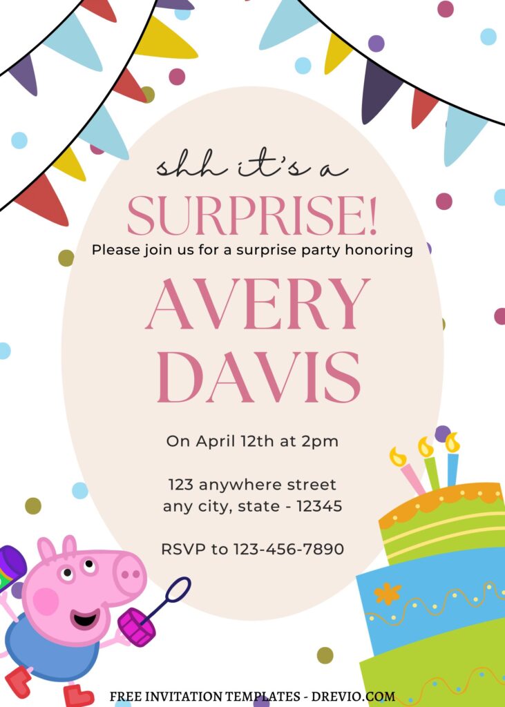 9+ Colorful Peppa Pig Fiesta Canva Birthday Invitation Templates with rainbow birthday cake