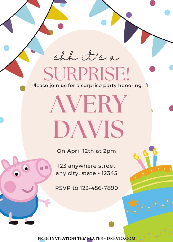 9+ Colorful Peppa Pig Fiesta Canva Birthday Invitation Templates with colorful bunting flags