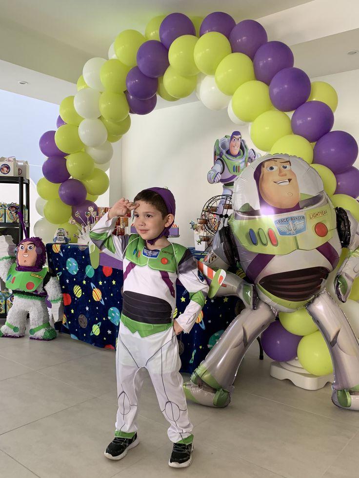 Buzz Lightyear invitation template designed with spaceship icons, nebula background, and playful stars