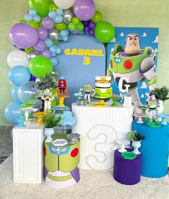 Buzz Lightyear invitation with space galaxy, stars, planets, and rocket ship illustrations
