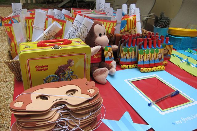 Curious George themed birthday invitation with watercolor jungle and tropical greenery