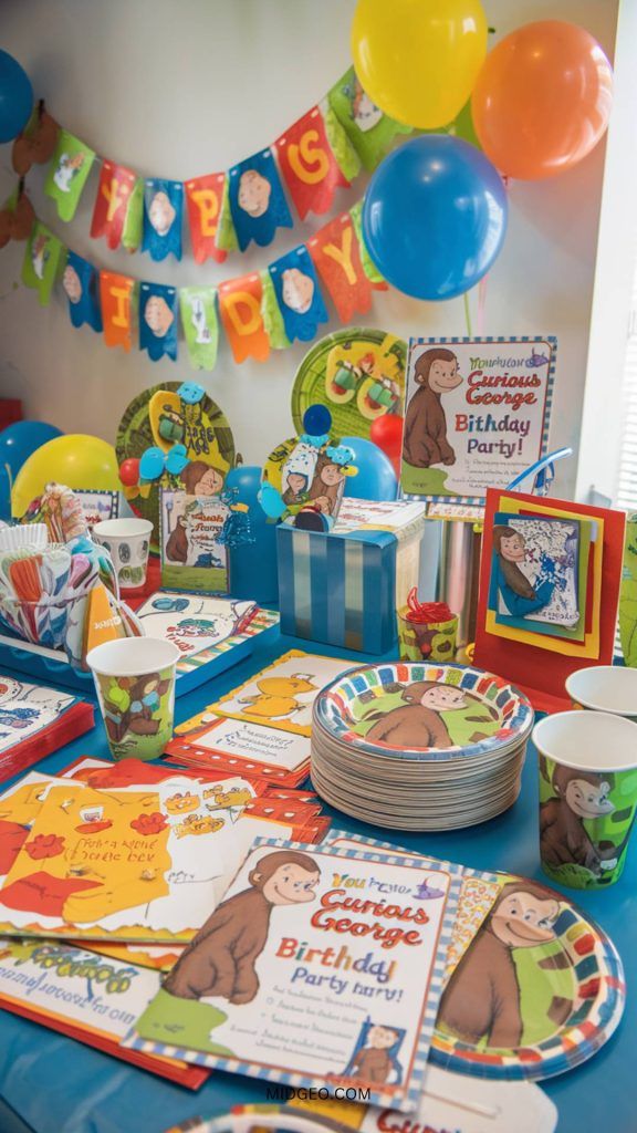 Curious George birthday invite decorated with banana bunches, confetti, and balloons