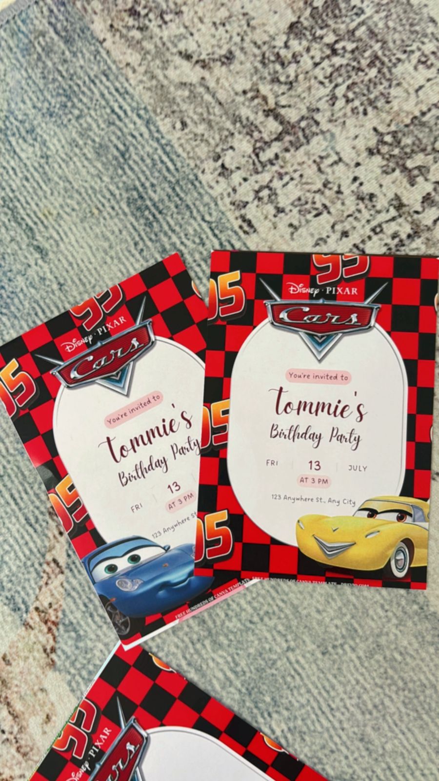 Editable Disney Cars birthday invitations featuring Lightning McQueen, Piston Cup details, race banners, and bold racing fonts