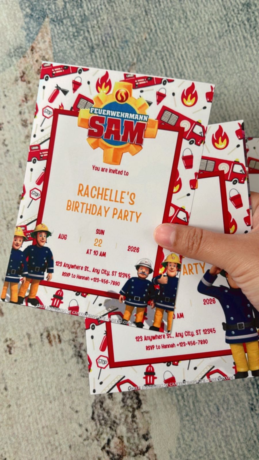 Fireman Sam birthday invitation design with red fire truck, helmets, and flame icons arranged around bold party text