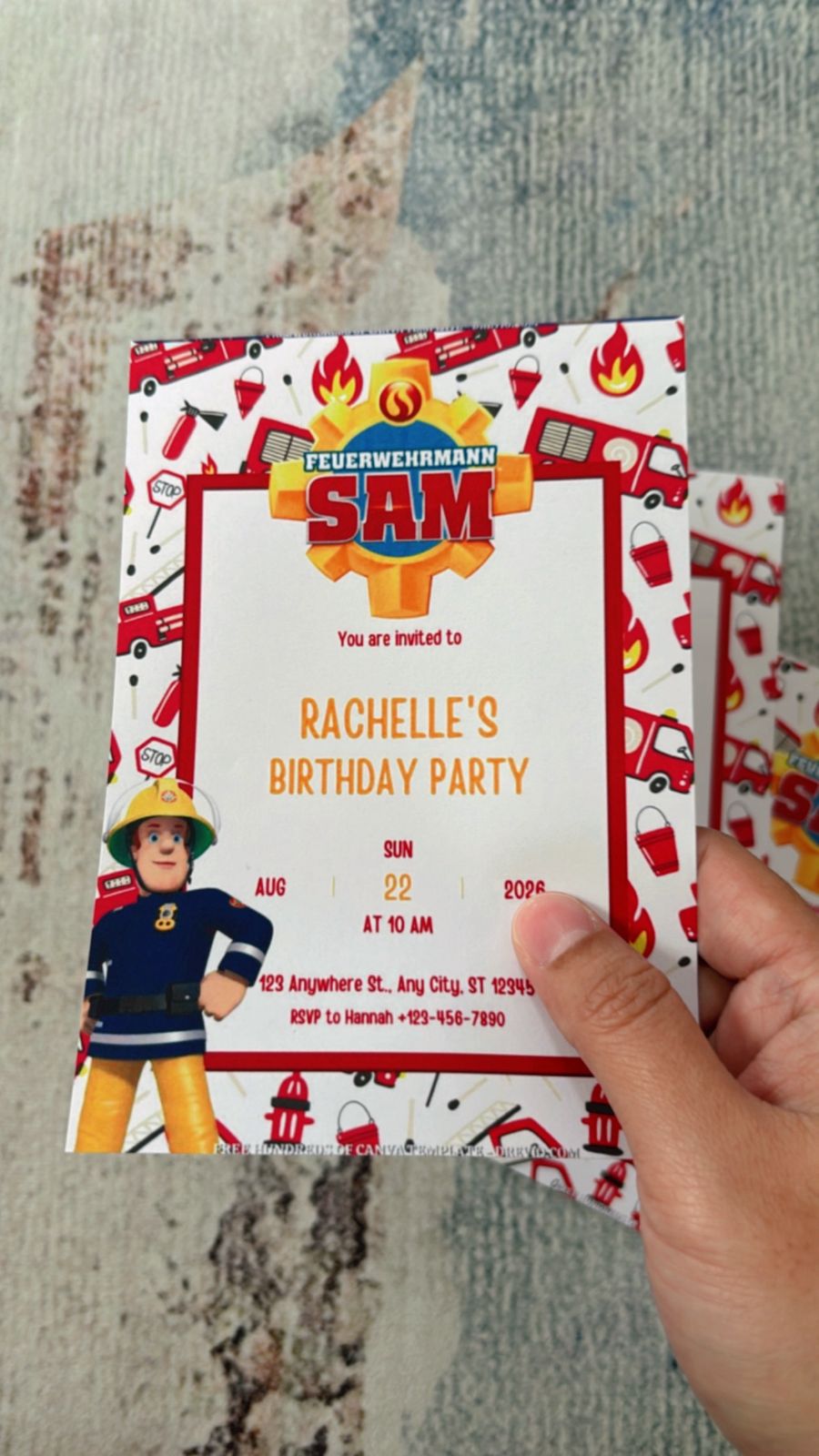 Kids Fireman Sam birthday invitation design with firefighter hats, fire trucks, and playful flame decorations in Canva style