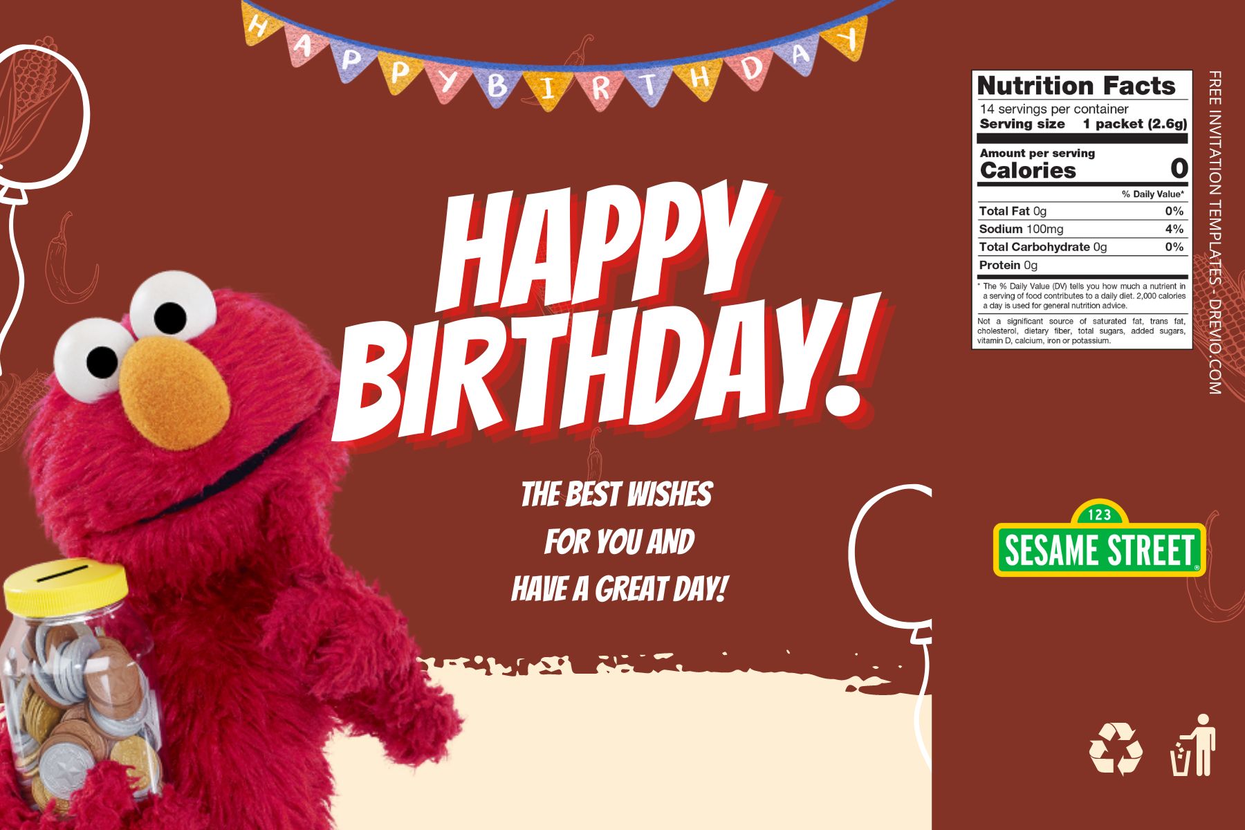 (Free Editable) Elmo Canva Birthday Water Bottle Labels Three