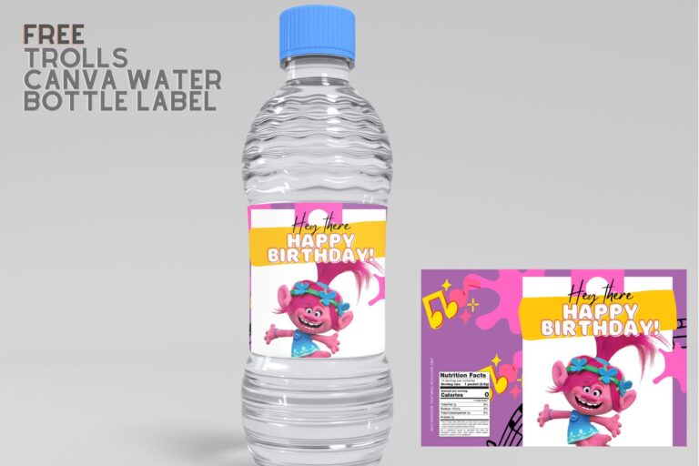 (Free Editable) Trolls Canva Birthday Water Bottle Labels