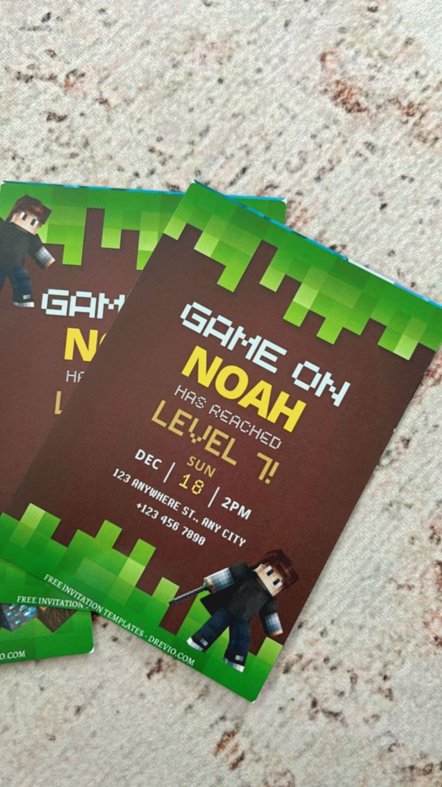 Pixel-style Minecraft party invite with sword and pickaxe icons