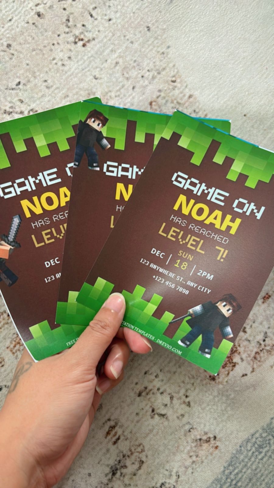 Cartoon-style Minecraft birthday invitation with fun gaming icons