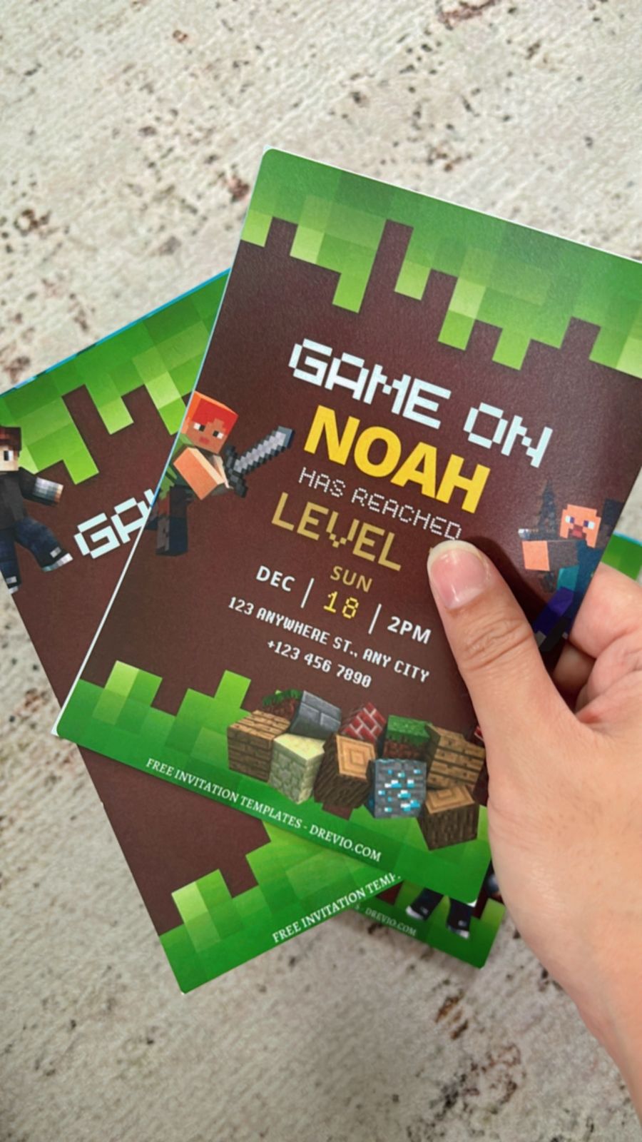 Canva interface showing a customizable Minecraft birthday invitation layout