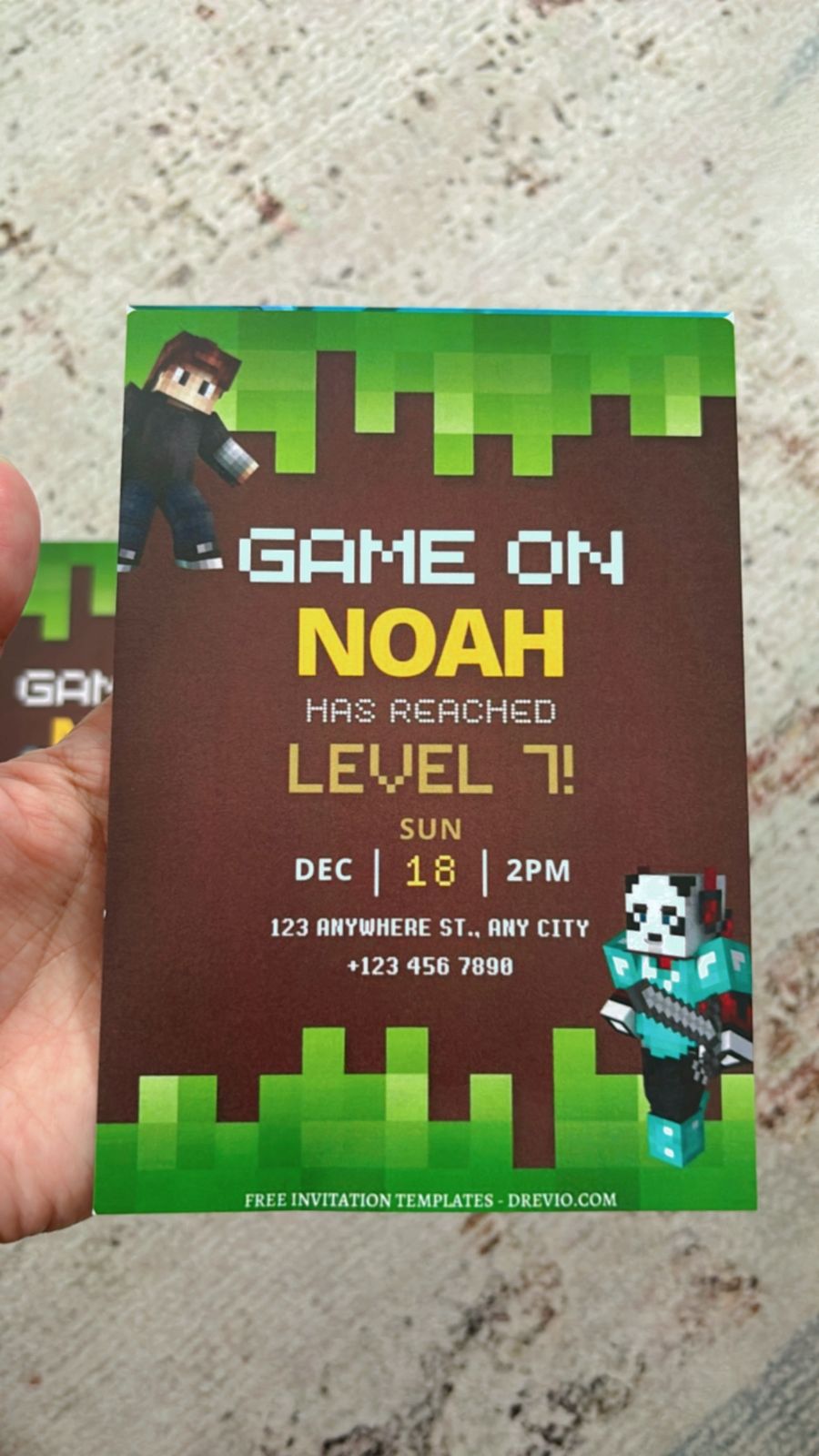 Simple Minecraft invite design with pixel font and grass block header