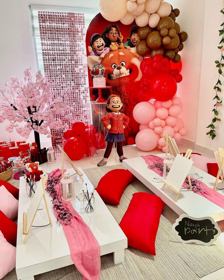 Turning Red party invitation with Mei Lee friends, pink clouds, cherry blossom petals, and colorful confetti