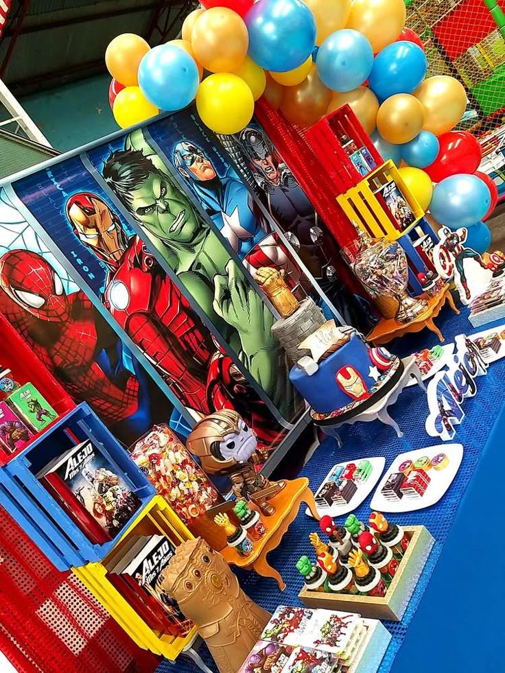 Avengers birthday invitation featuring superhero skyline, comic speech bubbles, lightning effects, shield icons and bold red blue yellow graphics