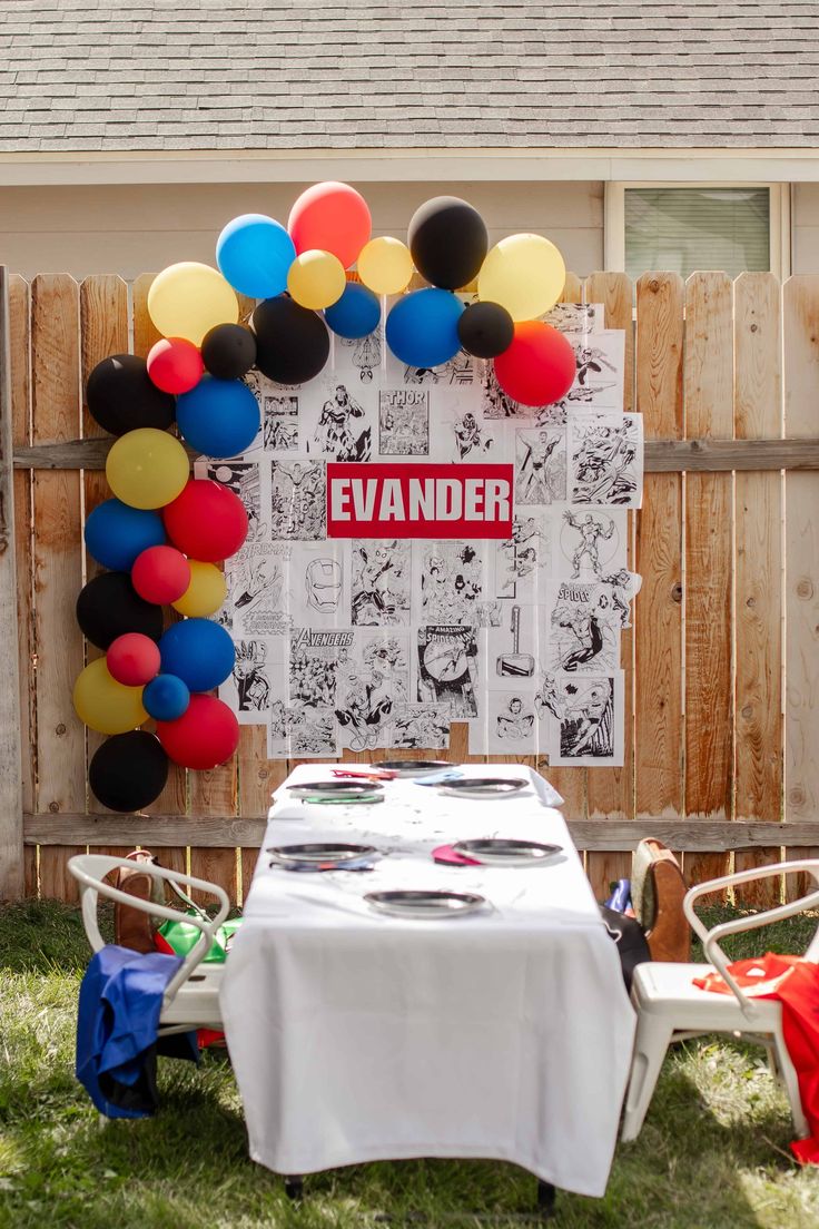 Marvel-inspired birthday invitation template with comic explosion graphics, superhero badges, lightning bolts and colorful comic textures