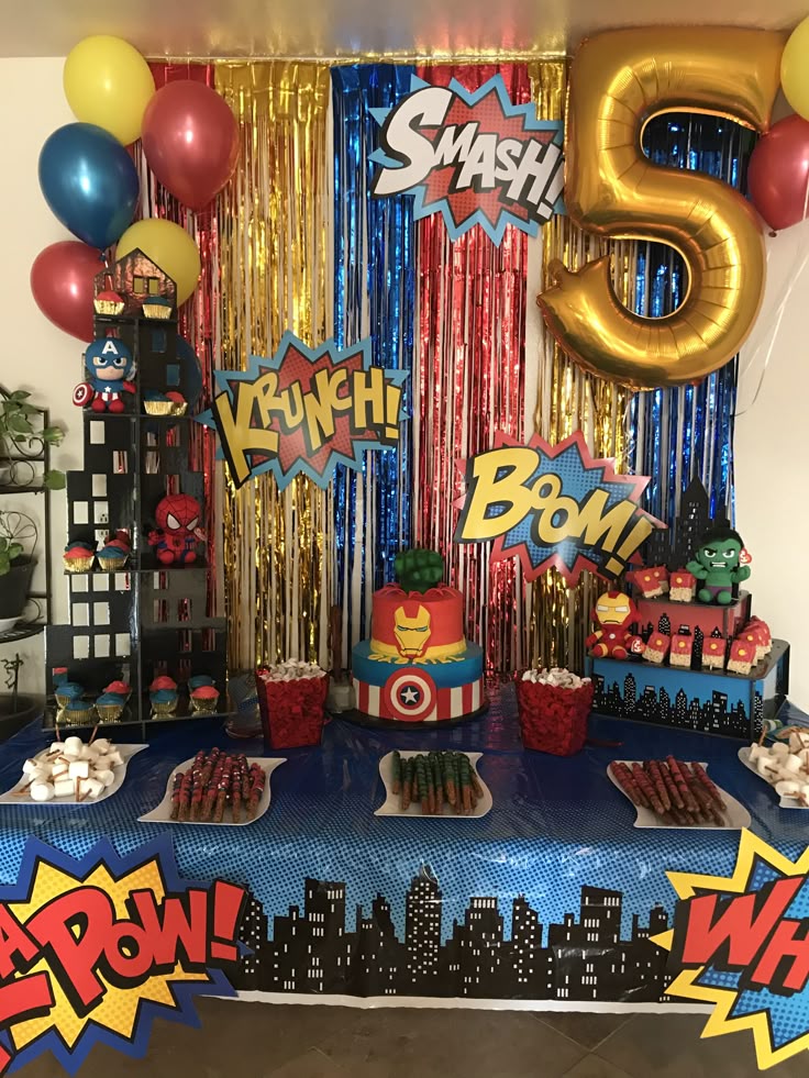 Avengers themed invitation surrounded by comic words POW BOOM BAM, superhero masks, stars, shields and cityscape illustrations