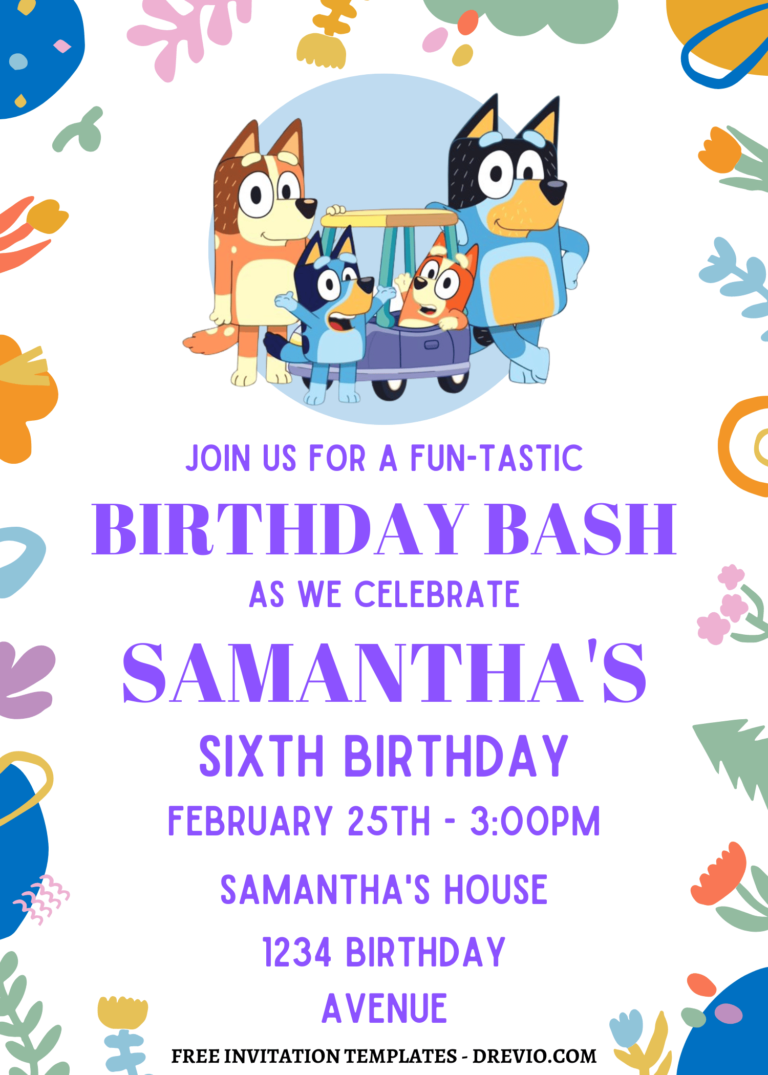 7+ Fluttering Colorful Bluey Canva Birthday Invitation Templates with colorful floral border