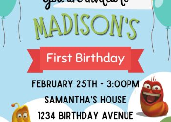 10+ Adorable Larva Island Canva Birthday Invitation Templates with colorful birthday gift boxes