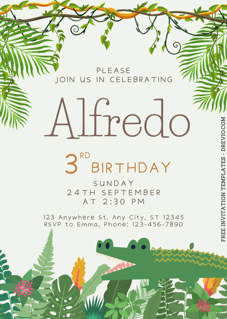 8+ Jungle Themed Canva Birthday Invitation Templates with cute crocodile